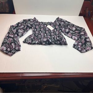 Mille Circe Smocked Top Tropical Night Womens Size Large Black Floral Blouse NEW